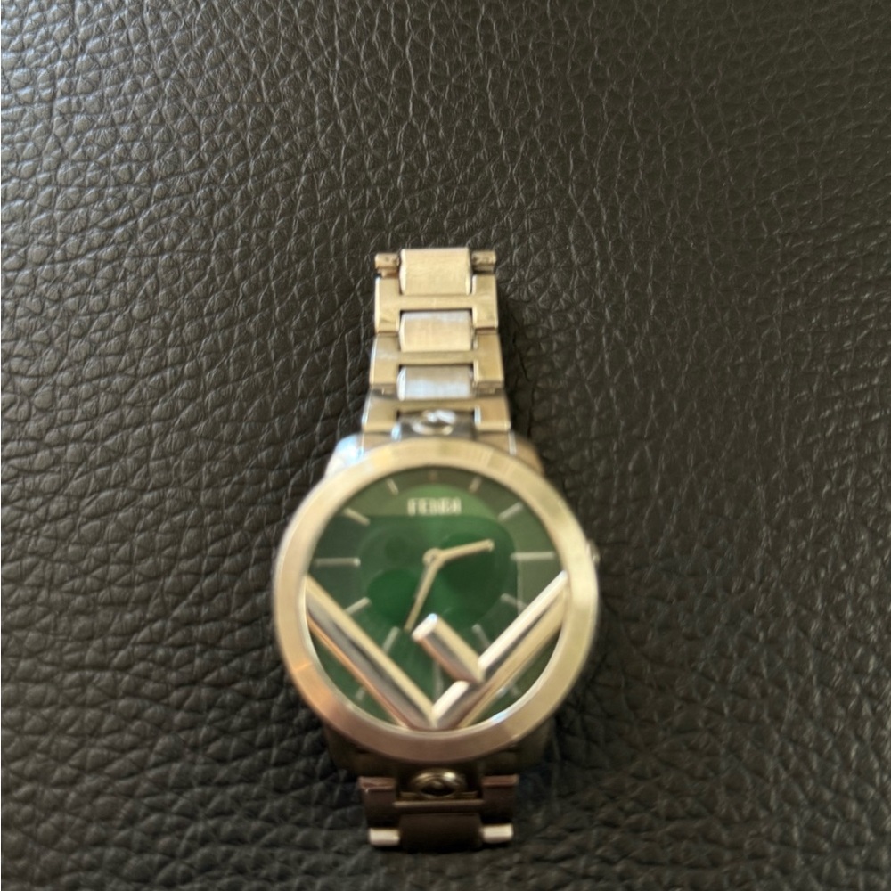 Fendi Silver Watch with Green Dial